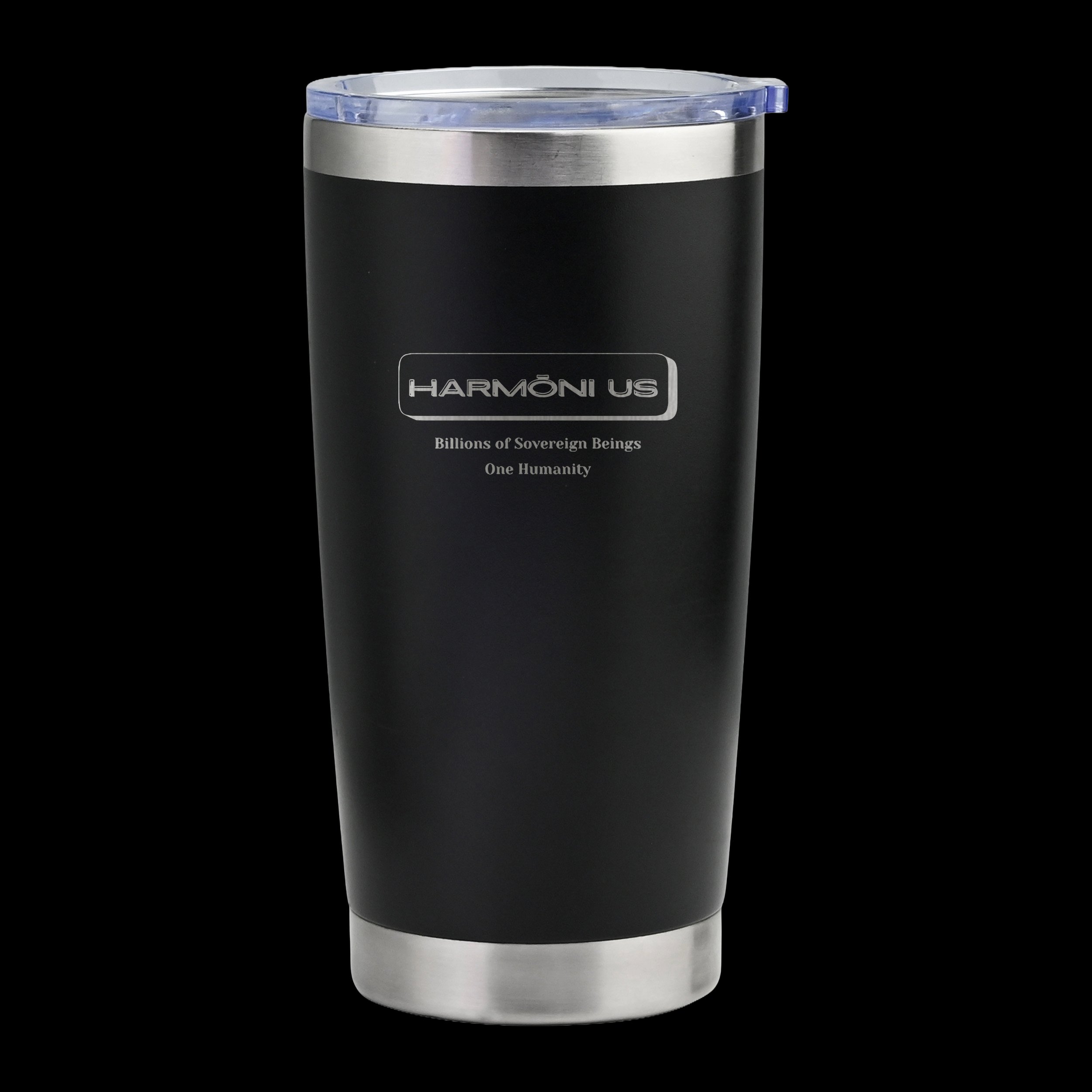 HARMŌNI US 20 oz insulated tumbler in Matte Black with laser-engraved emblem